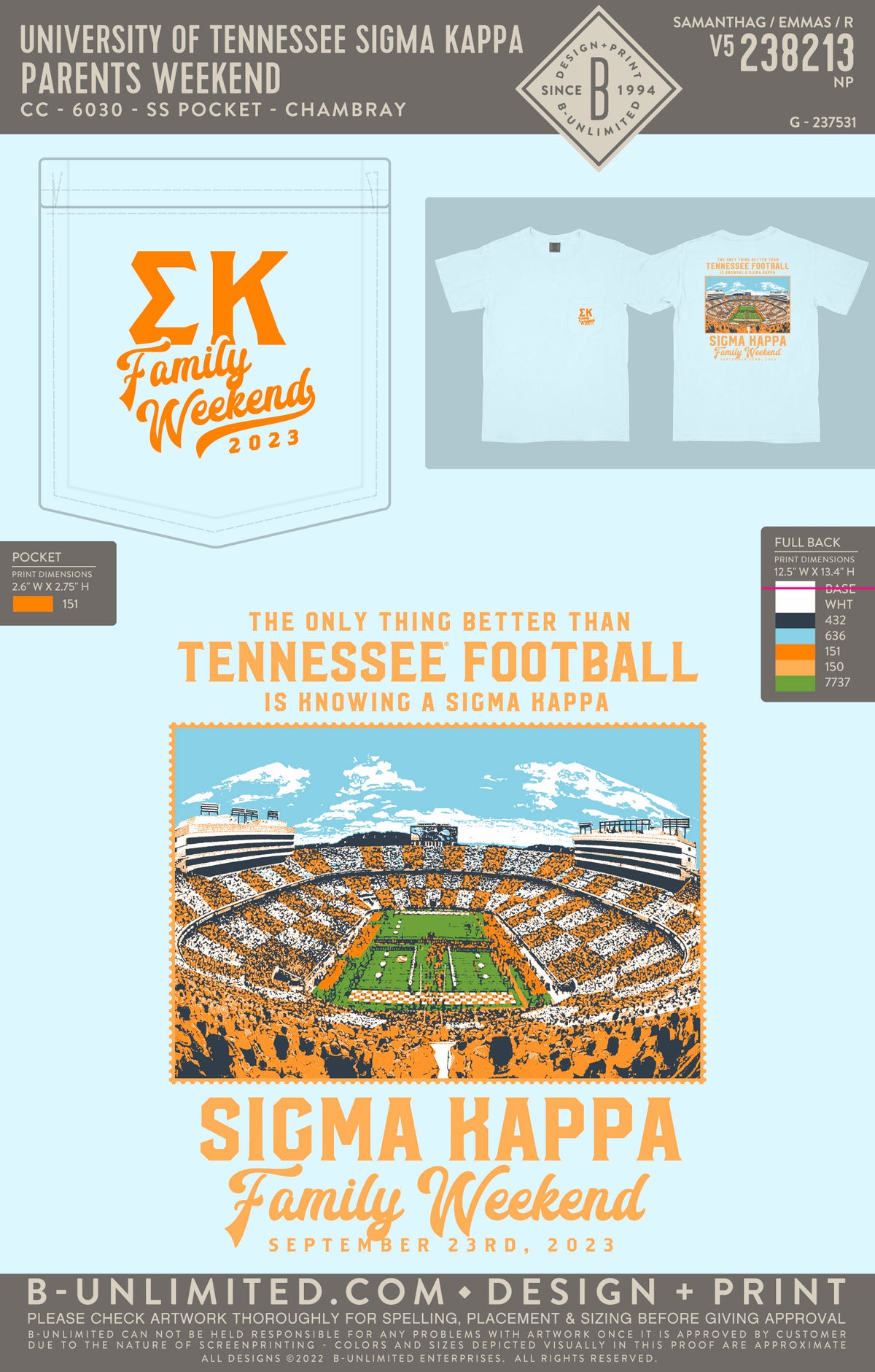 University of Tennessee Sigma Kappa - Family Weekend (EOYFALL23) - CC - 6030 - SS Pocket - Chambray