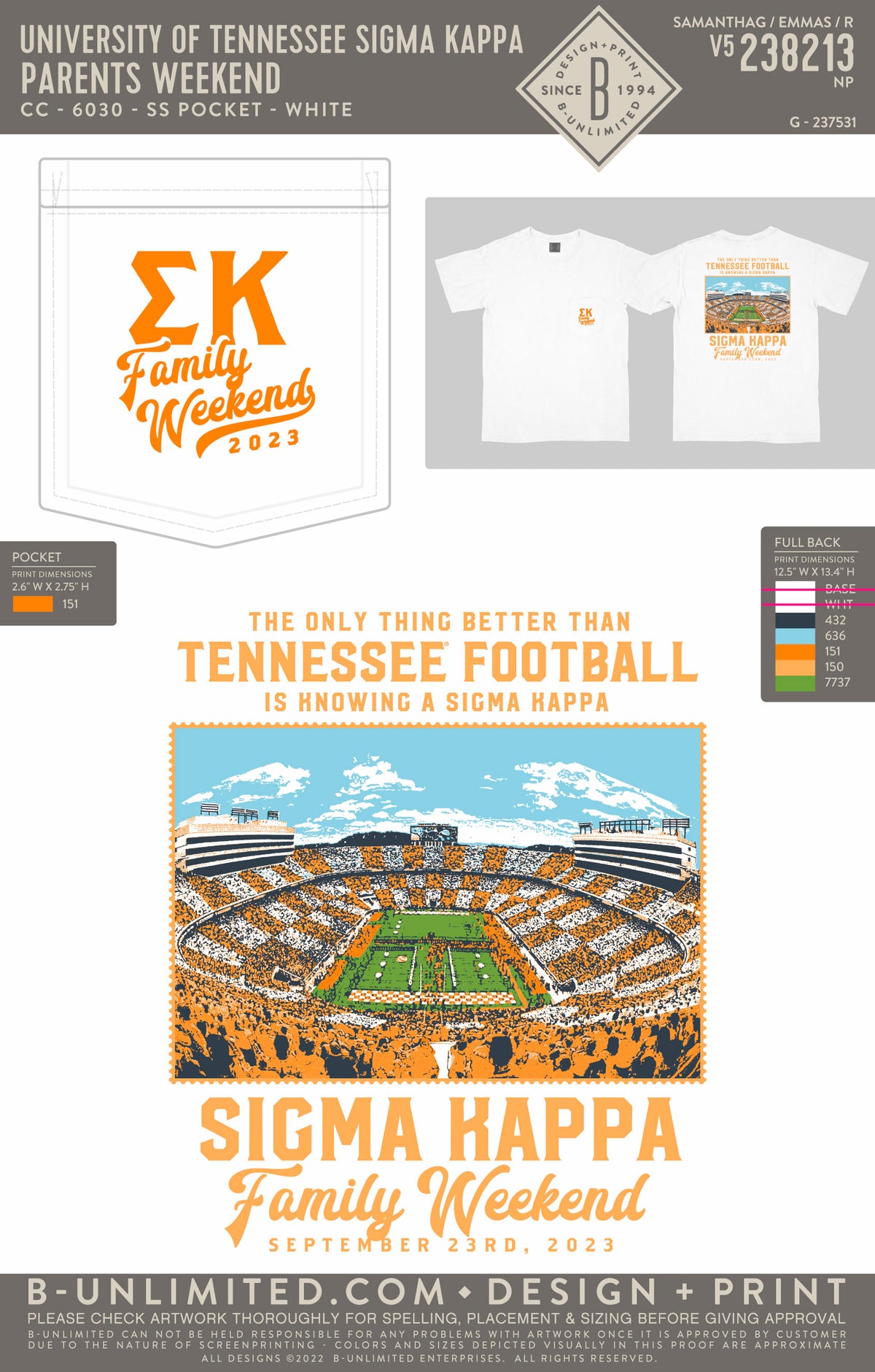 University of Tennessee Sigma Kappa - Family Weekend (EOYFALL23) - CC - 6030 - SS Pocket - White
