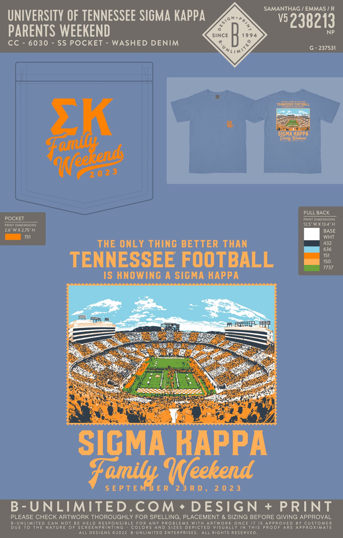 University of Tennessee Sigma Kappa - Family Weekend (EOYFALL23) - CC - 6030 - SS Pocket - Washed Denim