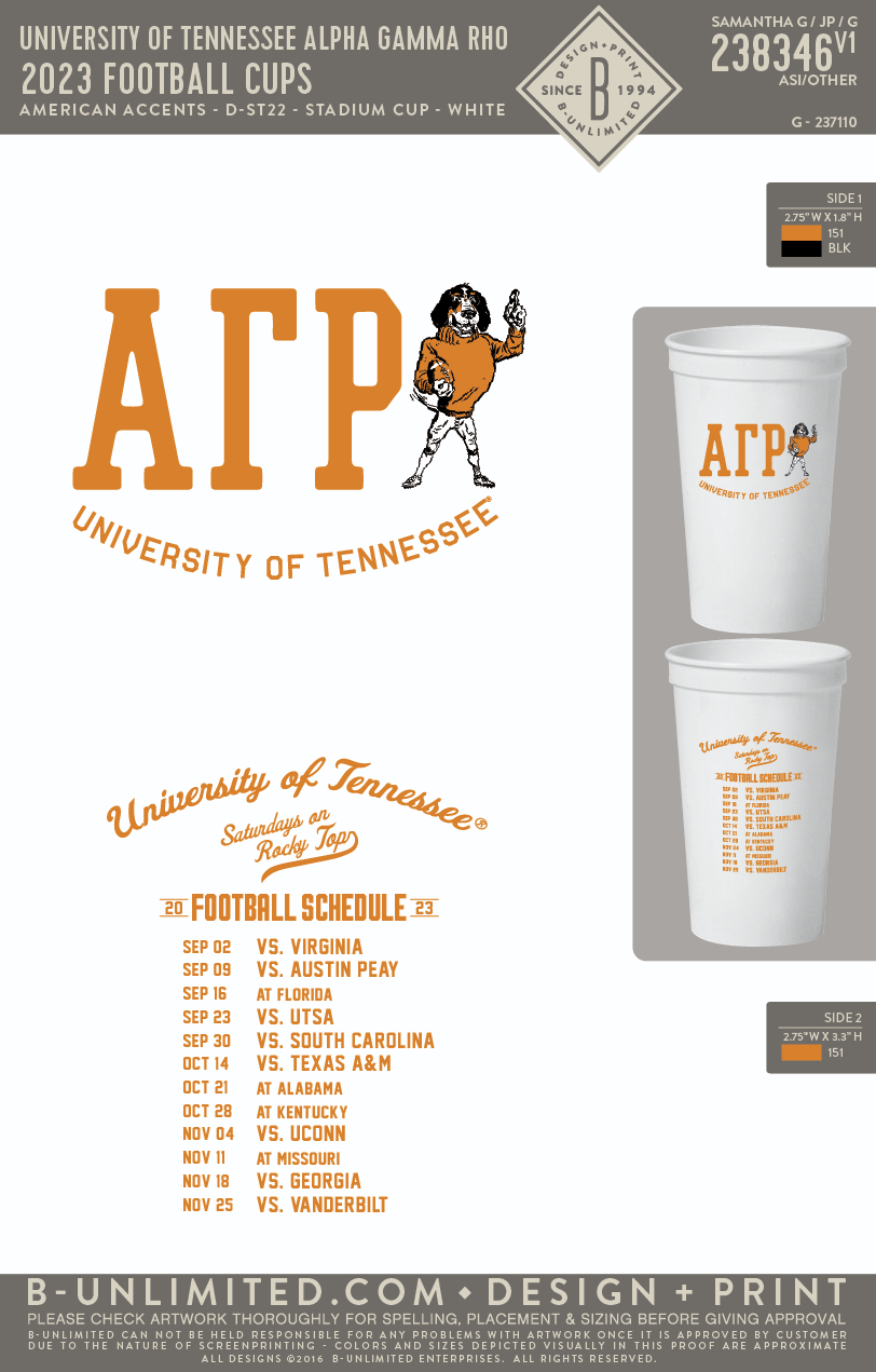 University of Tennessee Alpha Gamma Rho - 2023 Football Cups PACKS OF 2 - American Accents - D-ST22 - Cup - White