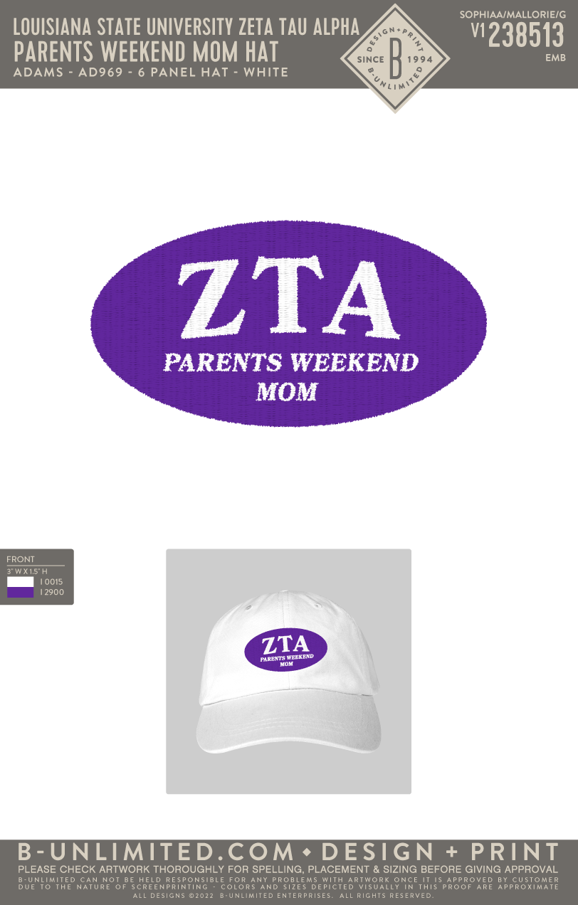 Louisiana State University Zeta Tau Alpha - Parent's Weekend Mom Hat - Adams - AD969 - Hat - White