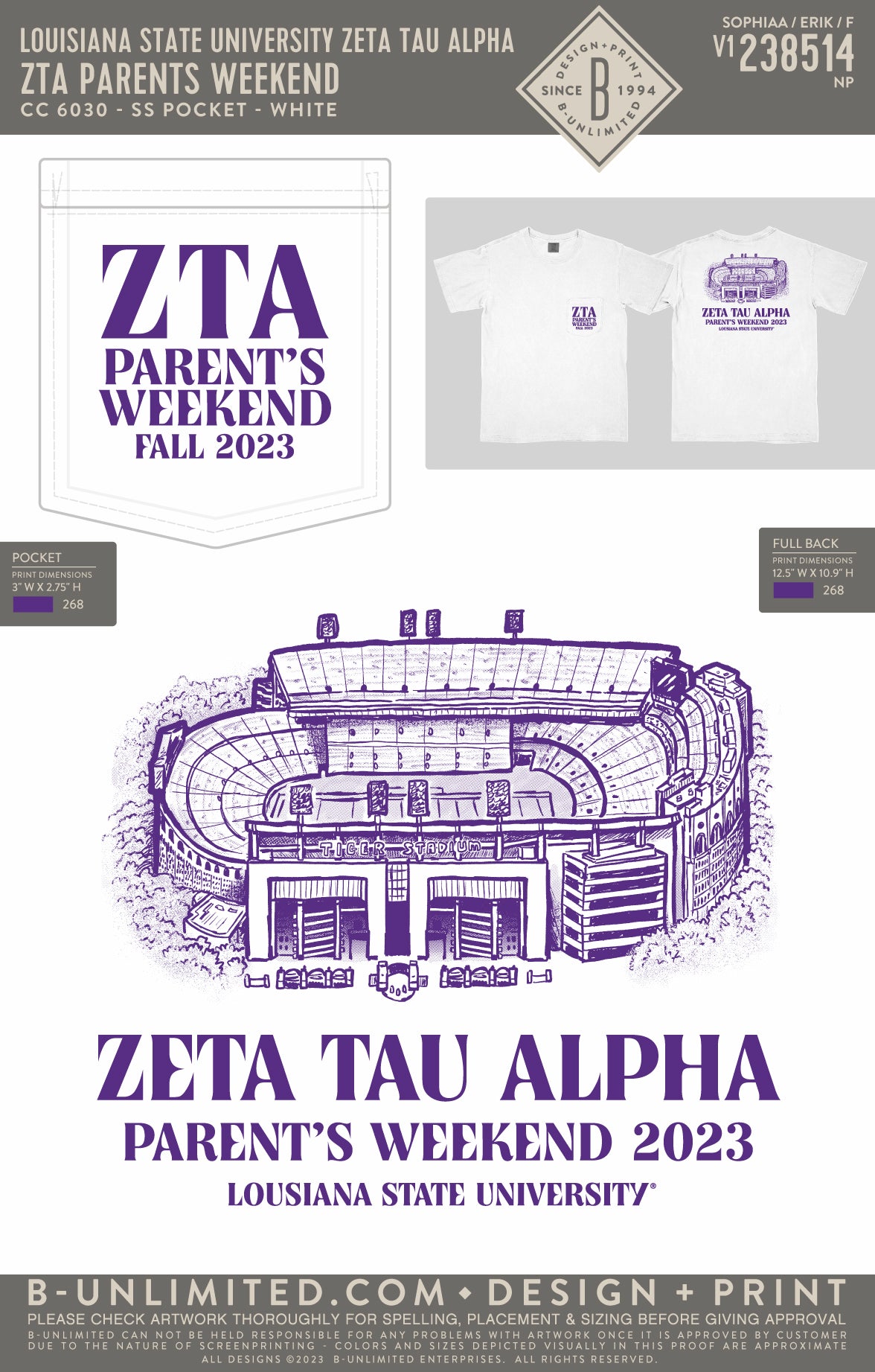 Louisiana State University Zeta Tau Alpha - ZTA Parents Weekend - CC - 6030 - SS Pocket - White