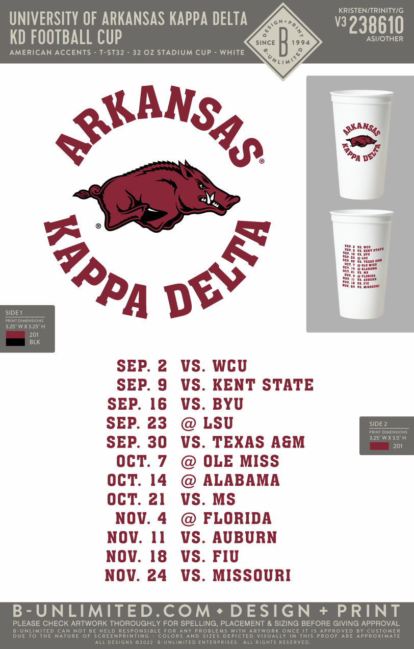 University of Arkansas Kappa Delta - KD Football Cup (PACK OF 4) - American Accents - T-ST32 - 32 oz Stadium Cup - White