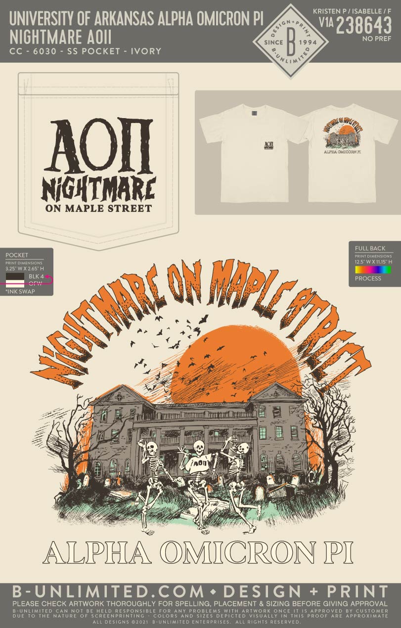 University of Arkansas Alpha Omicron Pi - Nightmare AOII - CC - 6030 - SS Pocket - Ivory