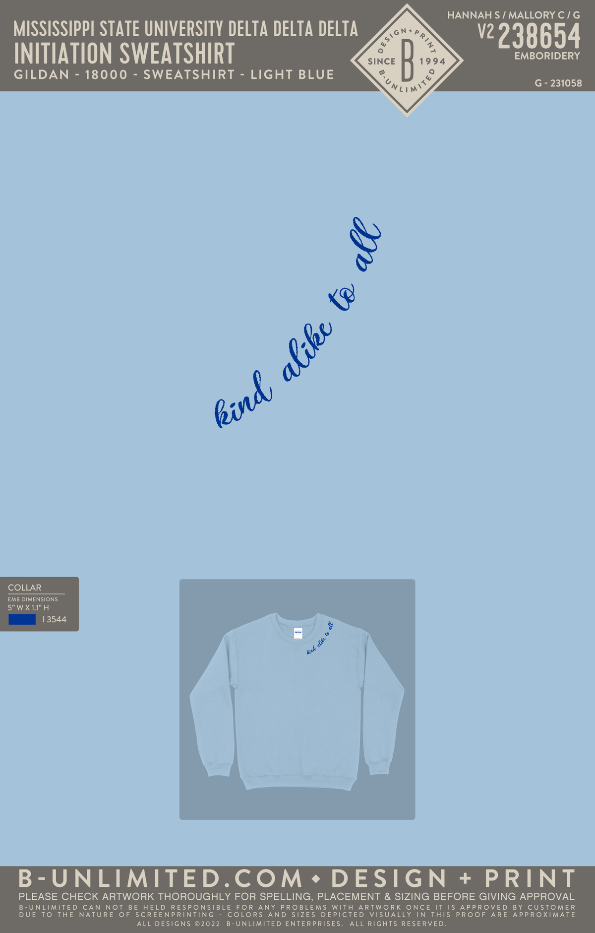 Mississippi State University Delta Delta Delta - Initiation Sweatshirt - Gildan - 18000 - Sweatshirt - Light Blue