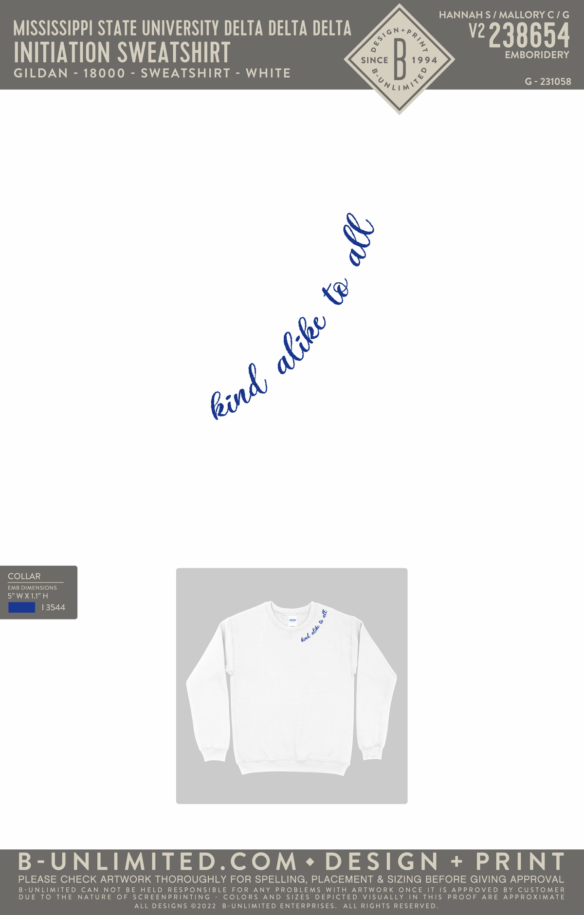 Mississippi State University Delta Delta Delta - Initiation Sweatshirt - Gildan - 18000 - Sweatshirt - White