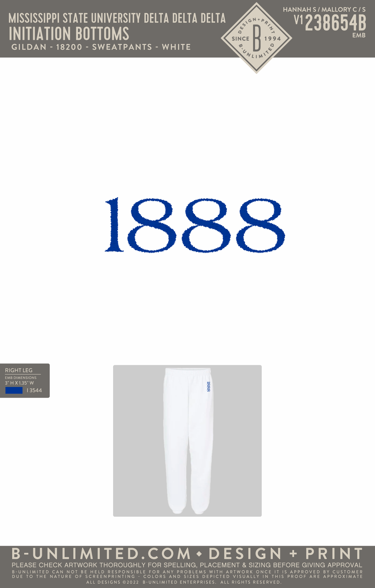 Mississippi State University Delta Delta Delta - Initiation Bottoms - Gildan - 18200 - Sweatpants - White
