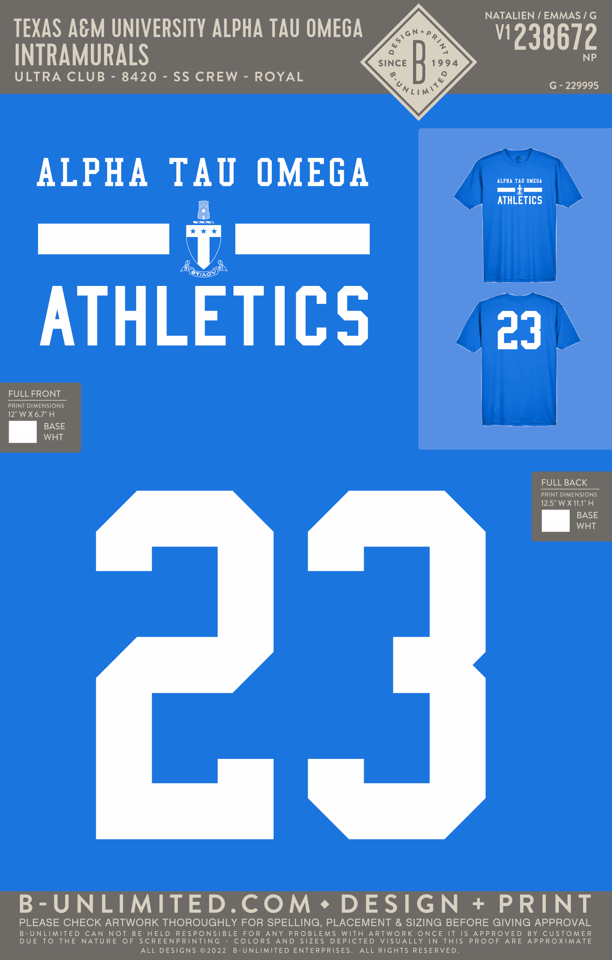 Texas A&M University Alpha Tau Omega - Intramurals - Ultra Club - 8420 - SS Crw - Royal