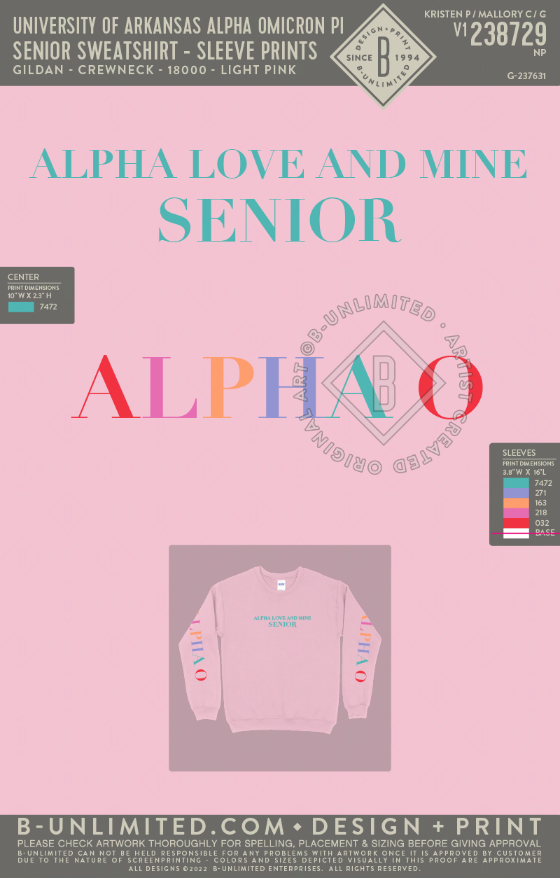 University of Arkansas Alpha Omicron Pi - Senior Sweatshirt - Sleeve Prints - Gildan - 18000 - Sweatshirt - Light Pink