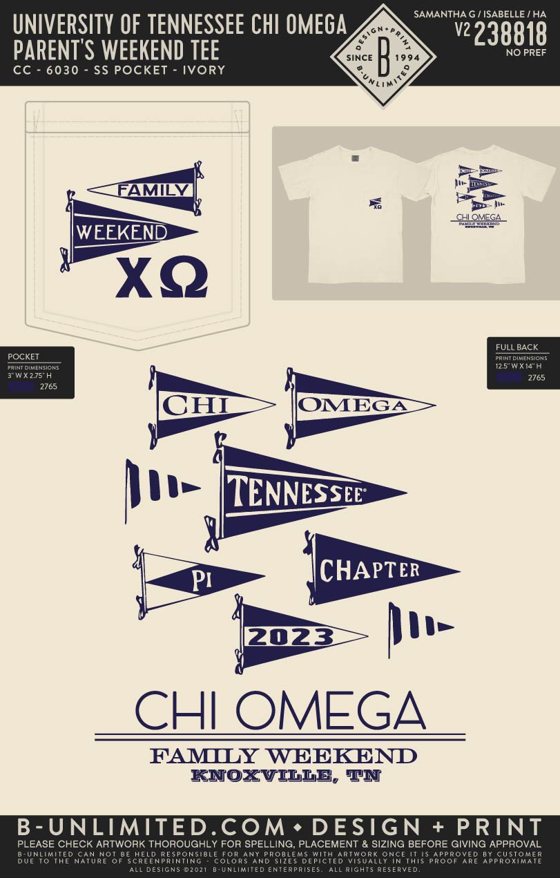 University of Tennessee Chi Omega - Parent's Weekend Tee - CC - 6030 - SS Pocket - Ivory