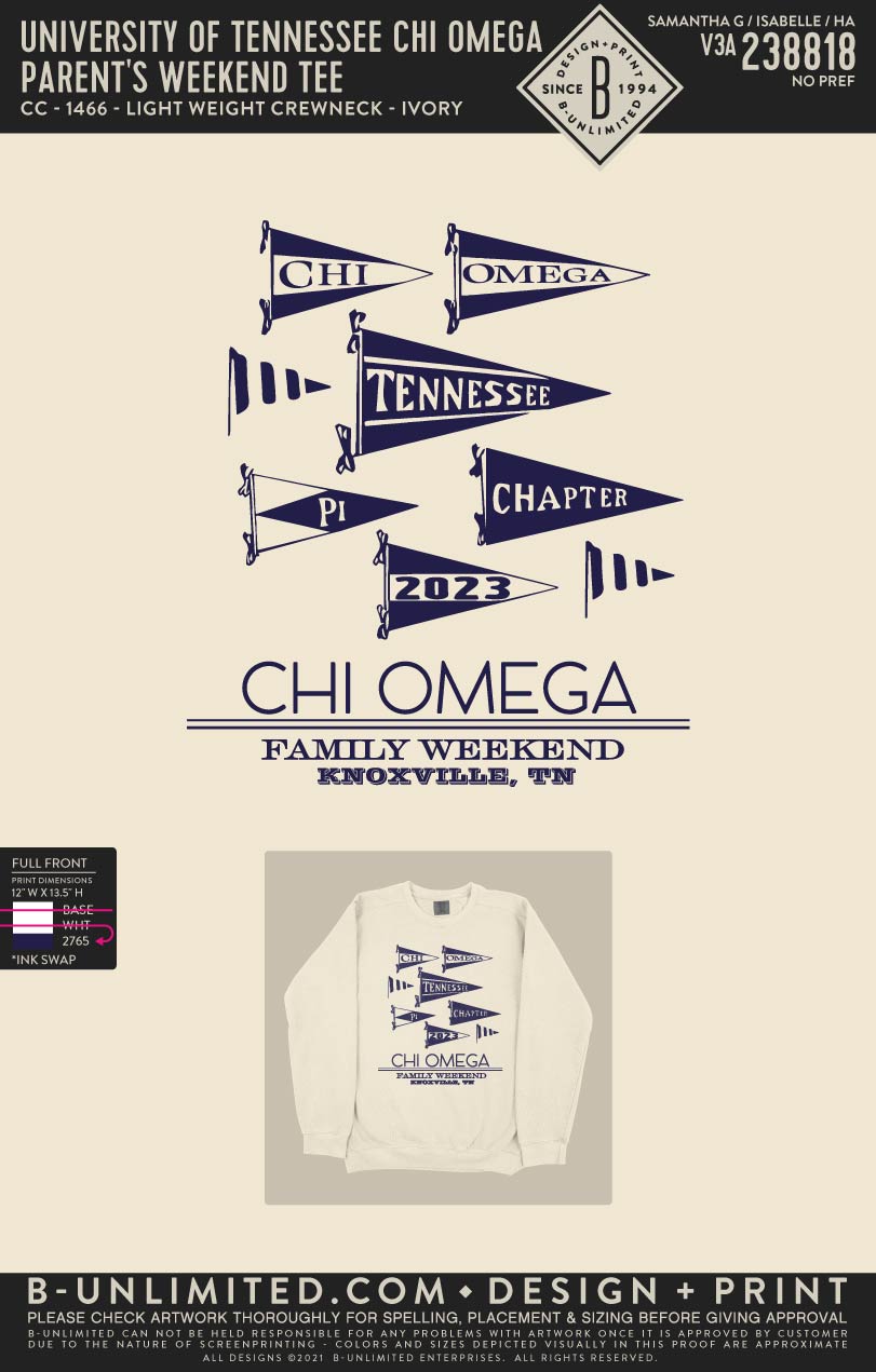 University of Tennessee Chi Omega - Parent's Weekend Sweatshirt - CC - 1466 - Lightweight Crewneck - Ivory