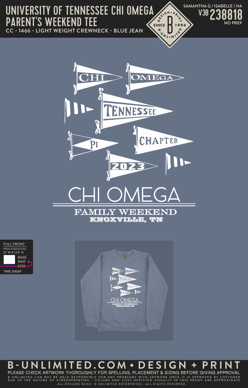University of Tennessee Chi Omega - Parent's Weekend Sweatshirt - CC - 1466 - Lightweight Crewneck - Blue Jean