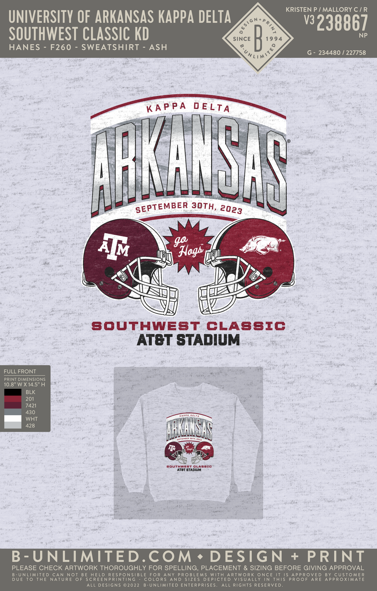 University of Arkansas Kappa Delta - Southwest Classic KD - Hanes - F260 - Sweatshirt - Ash