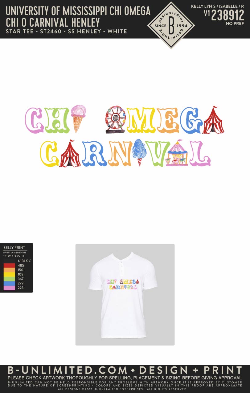University of Mississippi Chi Omega - Chi O Carnival Henley - Star Tee - ST2460 - SS Henley - White