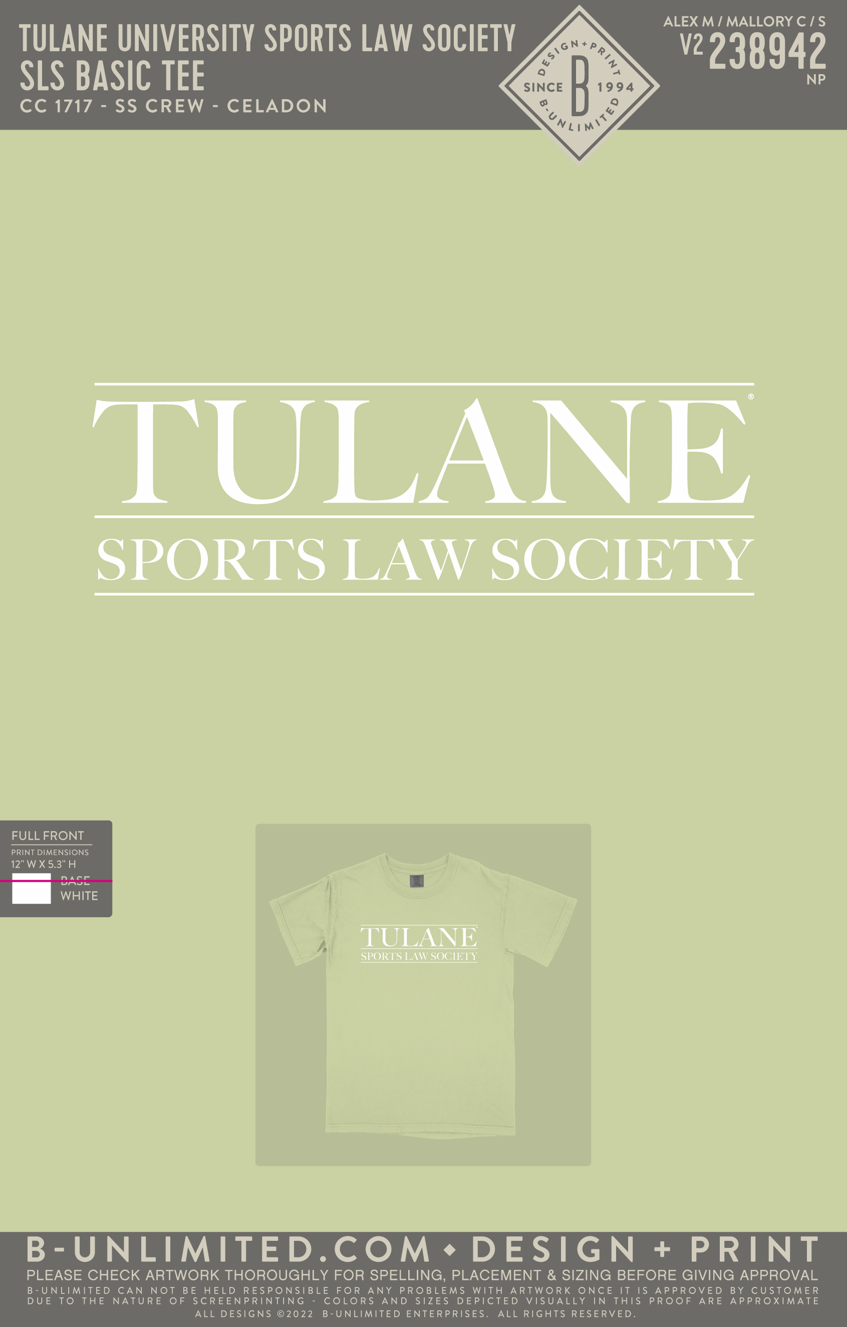 Tulane University Sports Law Society - SLS Basic tee - CC - 1717 - SS Crew - Celadon
