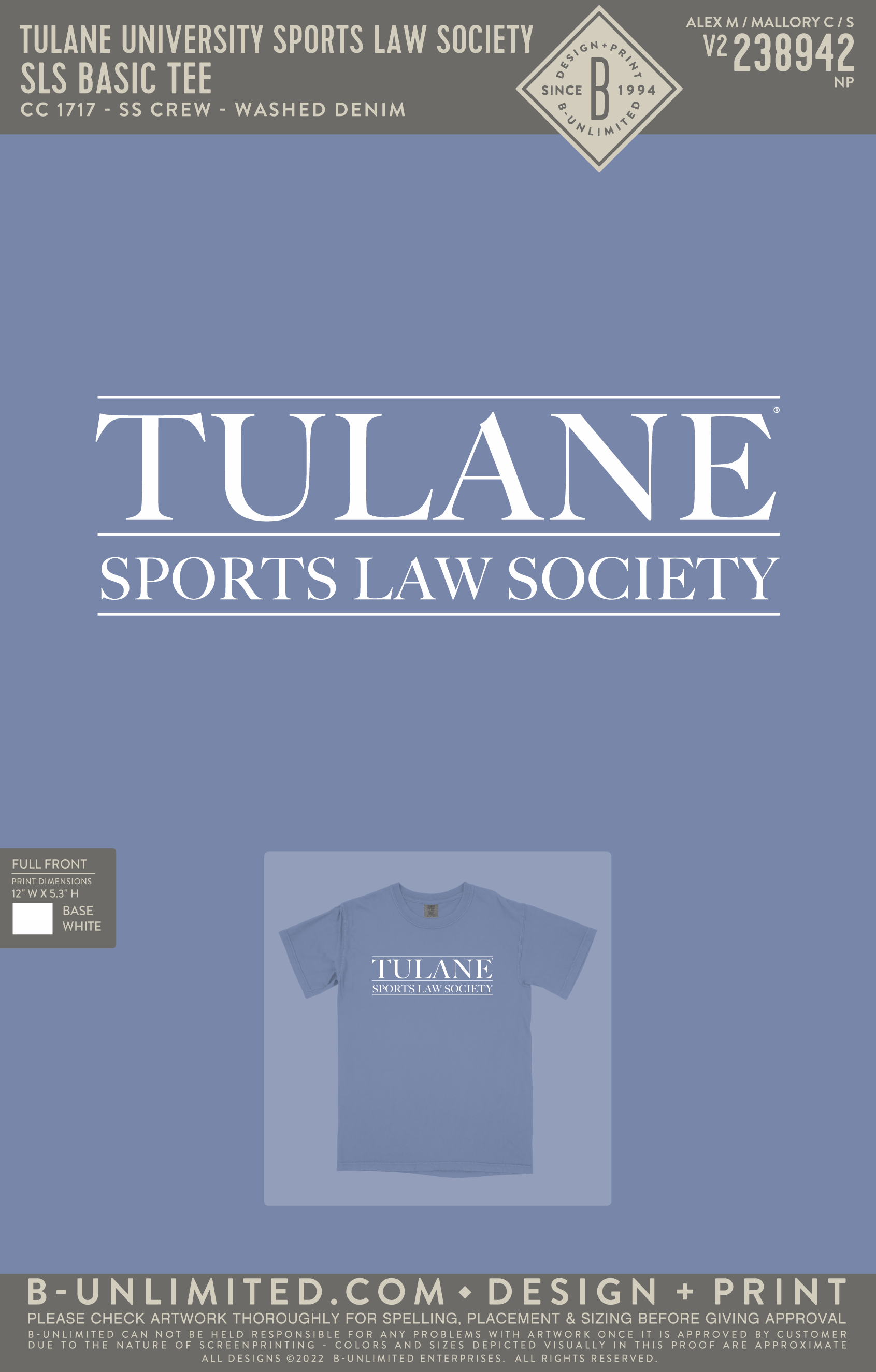 Tulane University Sports Law Society - SLS Basic tee - CC - 1717 - SS Crew - Washed Denim