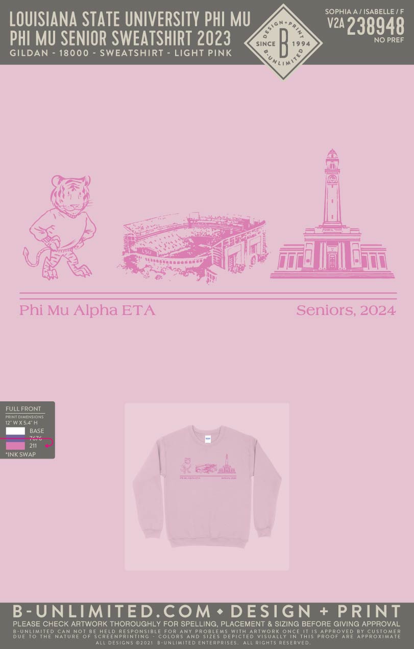 Louisiana State University Phi Mu - Phi Mu Senior Sweatshirt 2023 - Gildan - 18000 - Sweatshirt - Light Pink