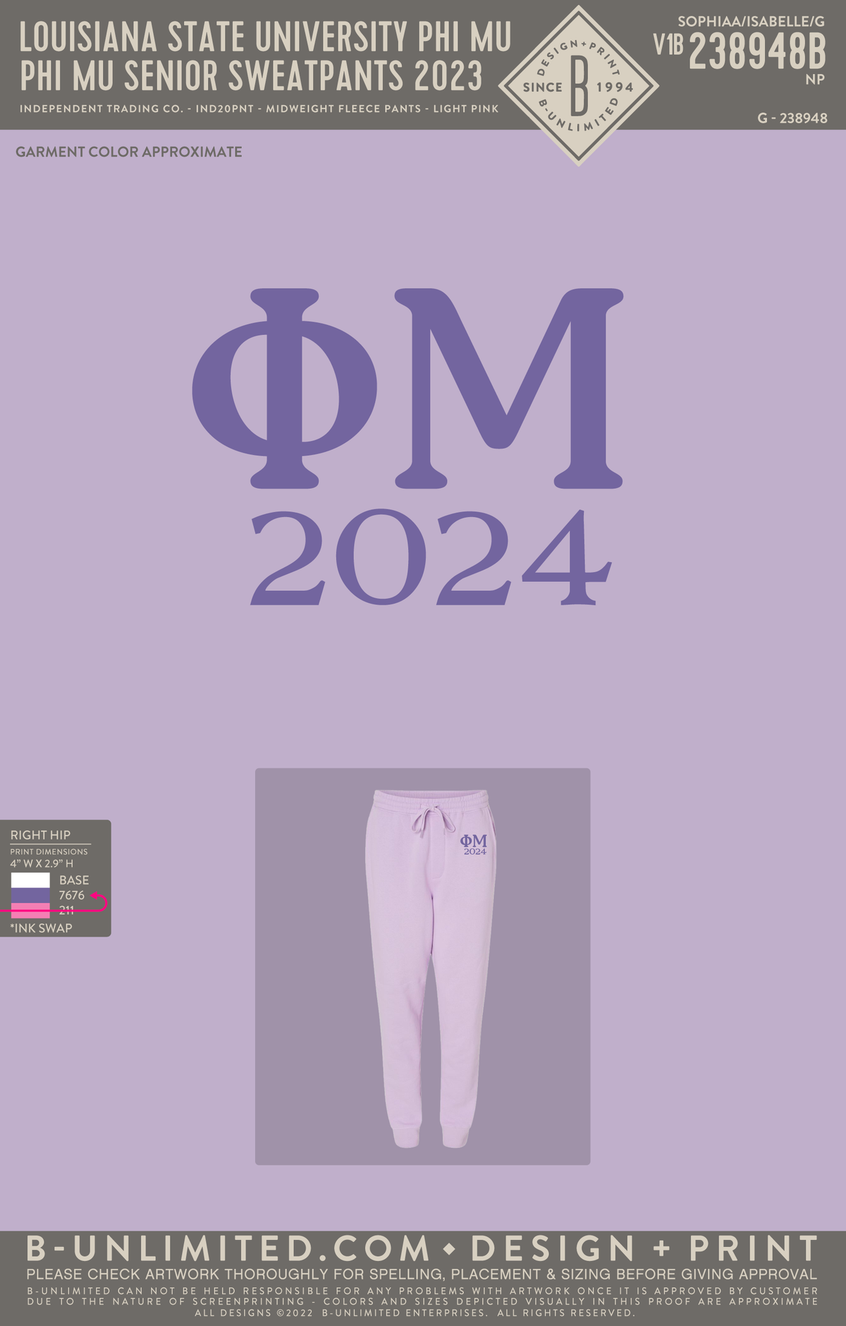 Louisiana State University Phi Mu - Phi Mu Senior Sweatpants 2023 - Independent Trading Co - IND20PNT - Sweatpants - Lavender