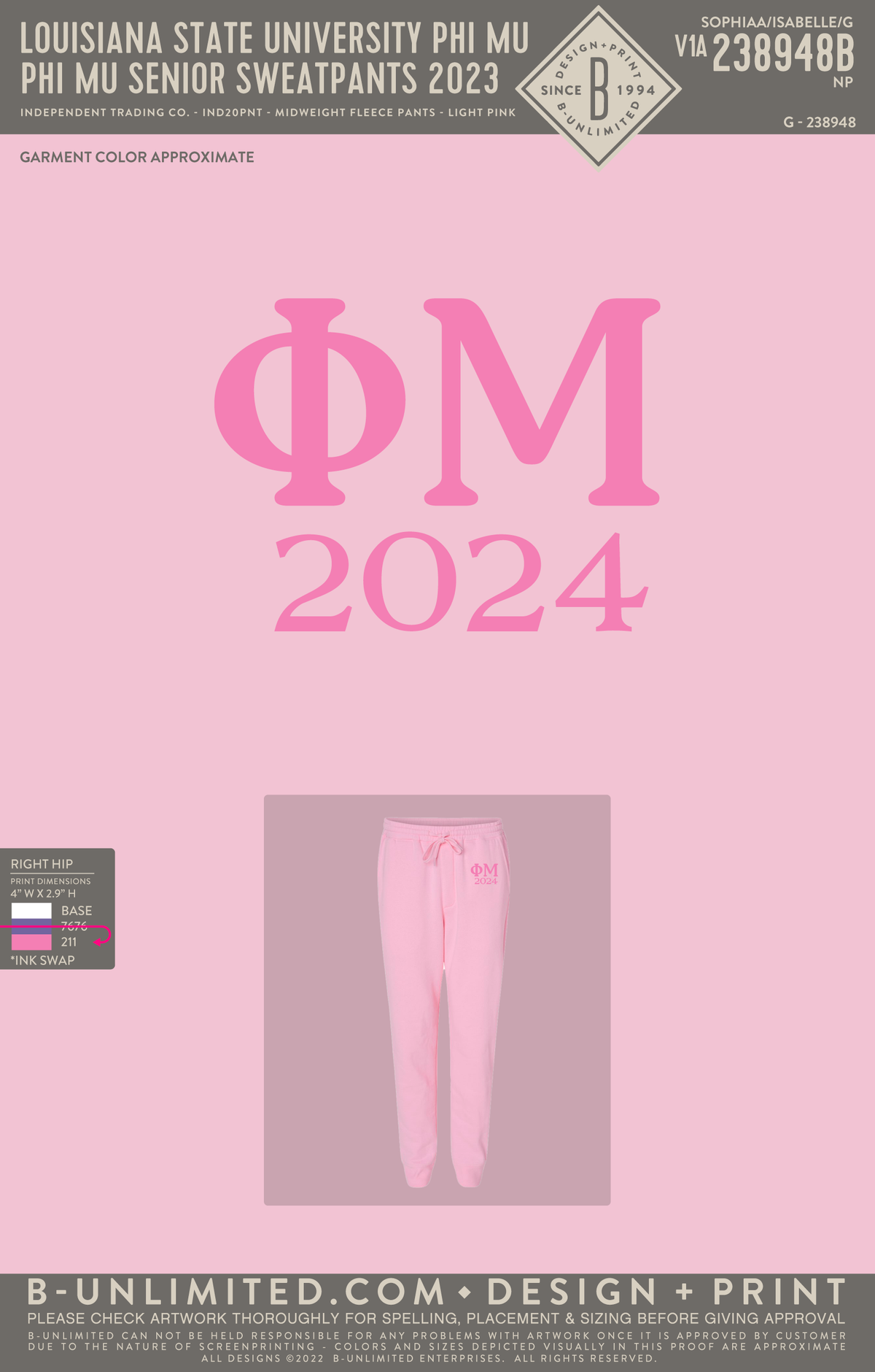 Louisiana State University Phi Mu - Phi Mu Senior Sweatpants 2023 - Independent Trading Co - IND20PNT - Sweatpants - Light Pink