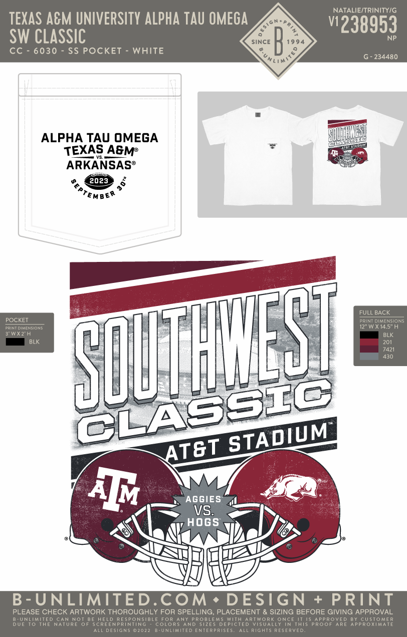 Texas A&M University Alpha Tau Omega - SW Classic - CC - 6030 - SS Pocket - White