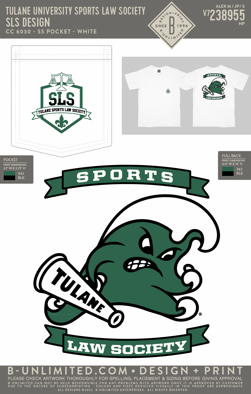 Tulane University Sports Law Society - SLS Design - CC - 6030 - SS Pocket - White