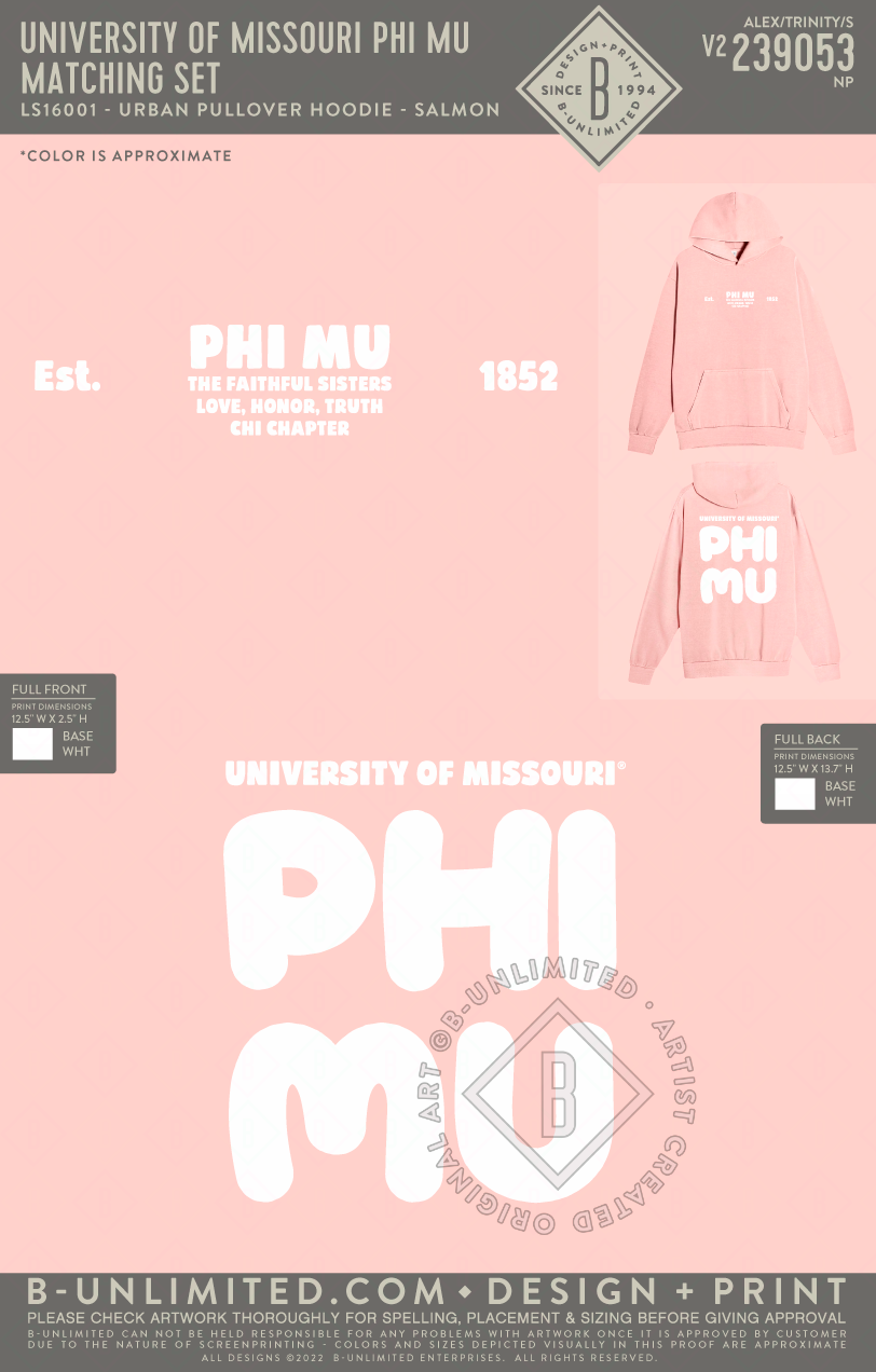 University of Missouri Phi Mu - Matching Set (top) - Lane Seven - LS16001 - Urban Pullover Hoodie - Salmon