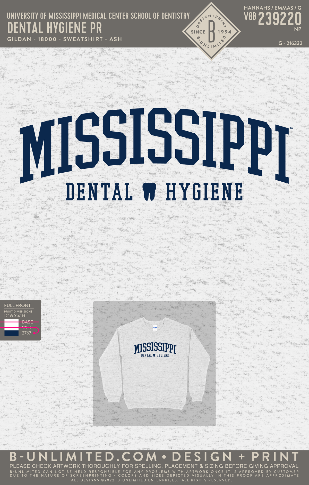 University of Mississippi Medical Center School of Dentistry - Dental Hygiene PR - Gildan - 18000 - Sweatshirt - Ash Grey