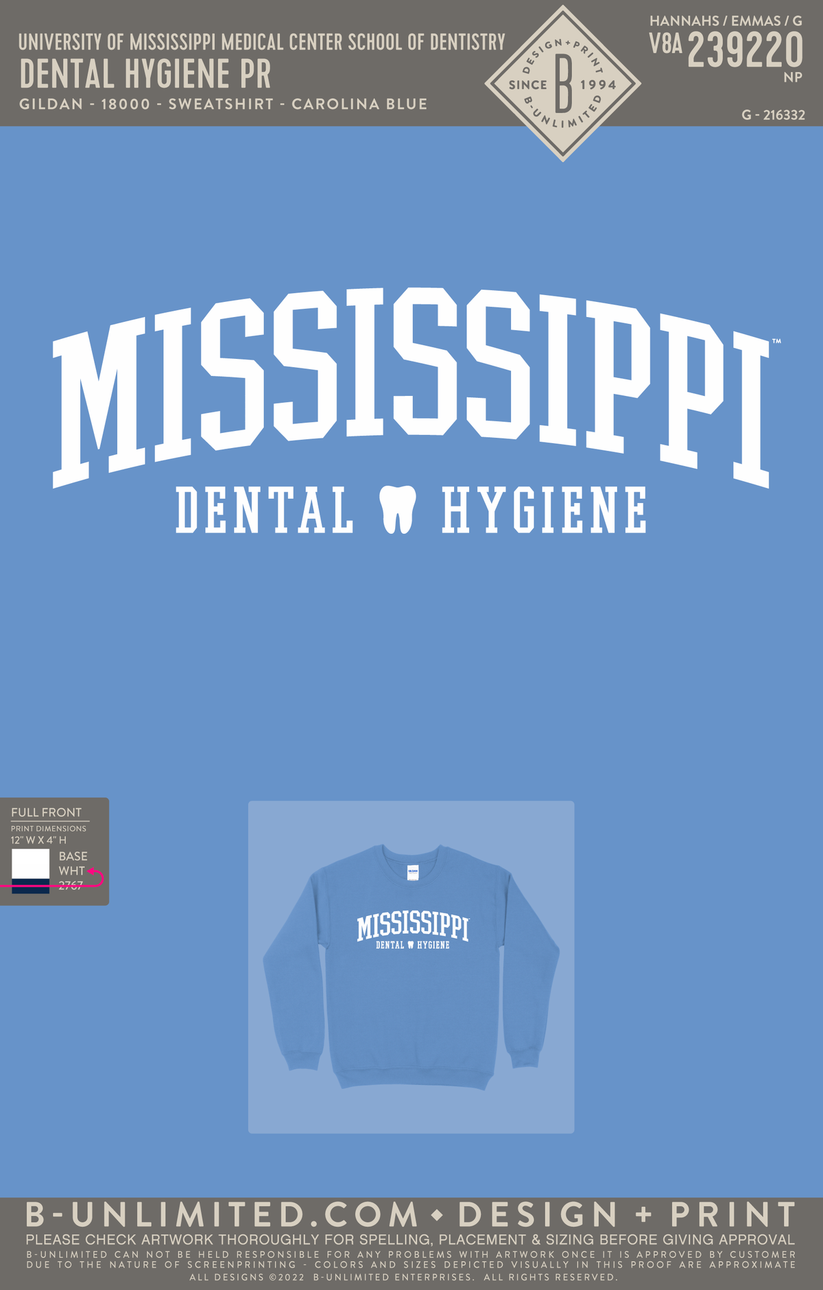 University of Mississippi Medical Center School of Dentistry - Dental Hygiene PR - Gildan - 18000 - Sweatshirt - Carolina Blue