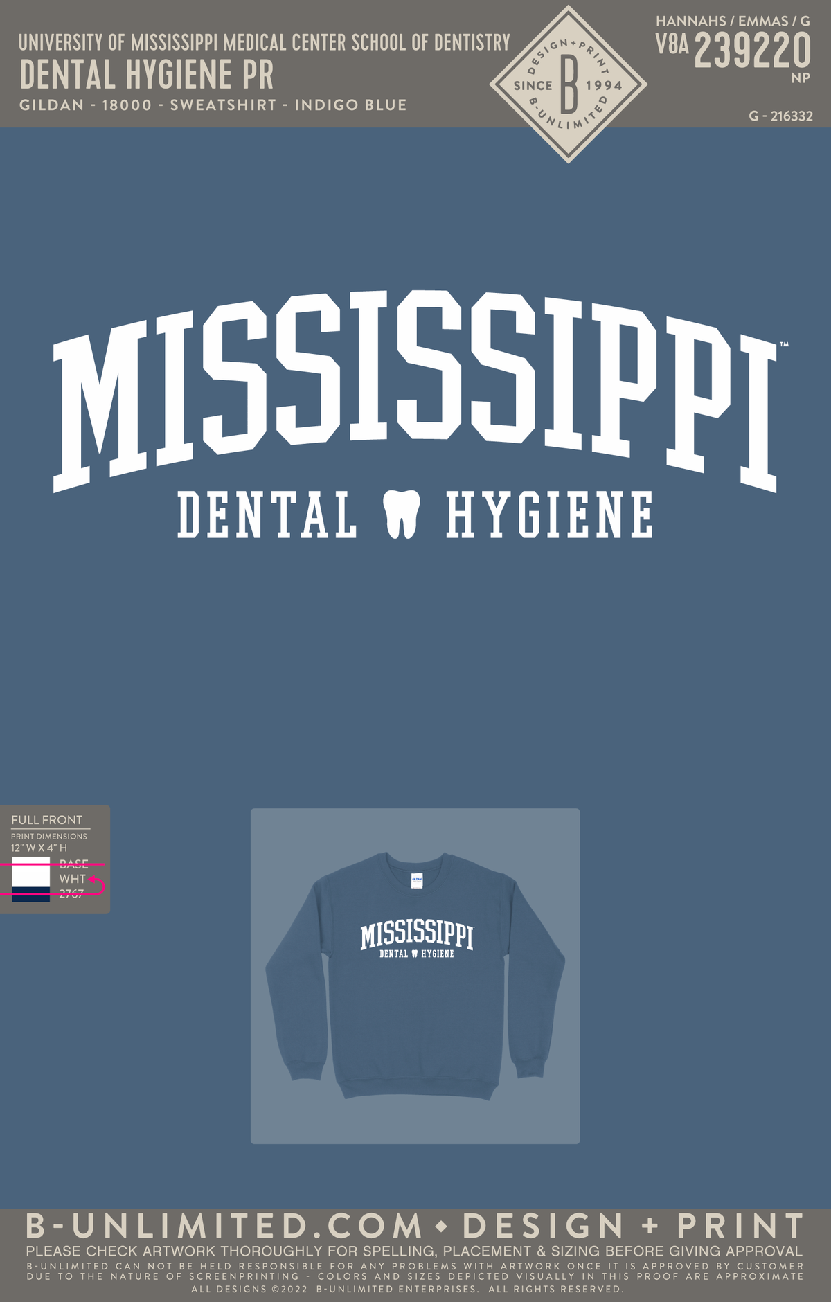 University of Mississippi Medical Center School of Dentistry - Dental Hygiene PR - Gildan - 18000 - Sweatshirt - Indigo Blue