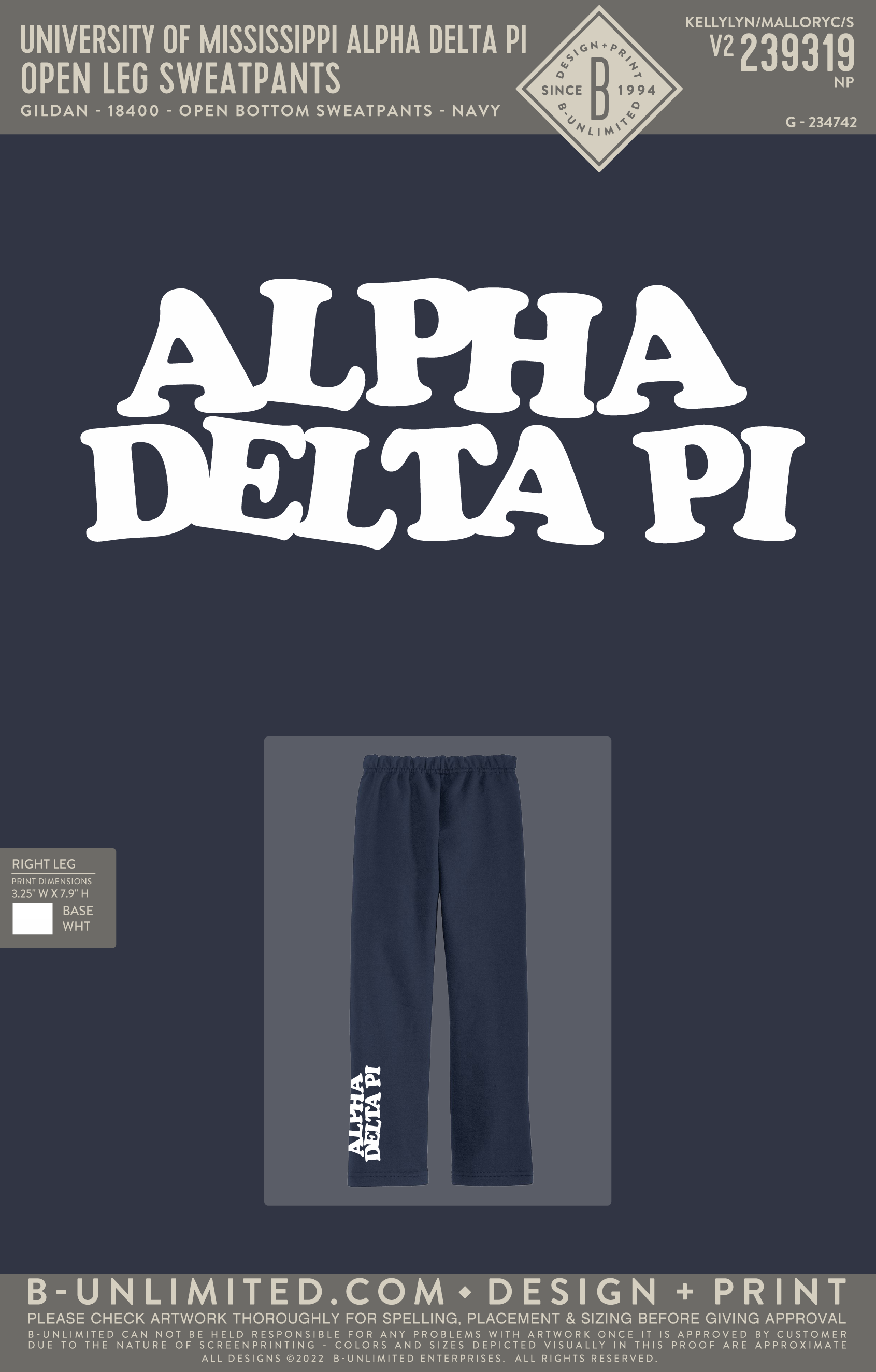 University of Mississippi Alpha Delta Pi - Open Leg Sweatpants - Gildan - 18400 - Open Bottom Sweatpants - Navy