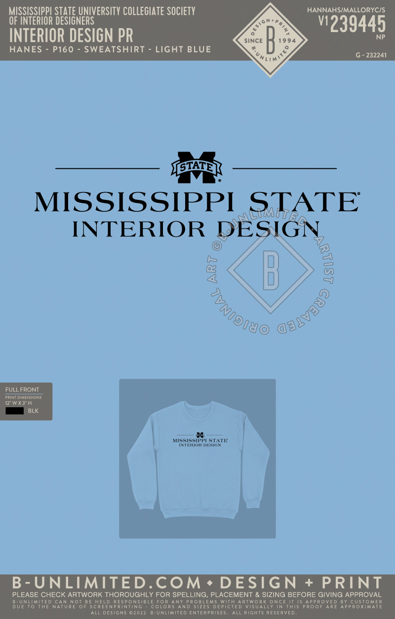 Mississippi State University Collegiate Society of Interior Designers - Interior Design PR - Hanes - P160 - Sweatshirt - Light Blue