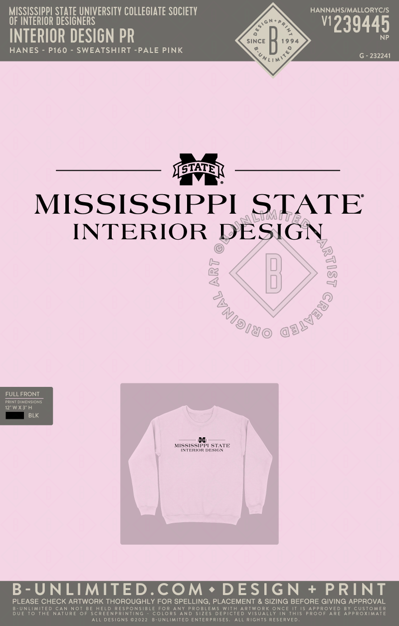 Mississippi State University Collegiate Society of Interior Designers - Interior Design PR - Hanes - P160 - Sweatshirt - Pale Pink