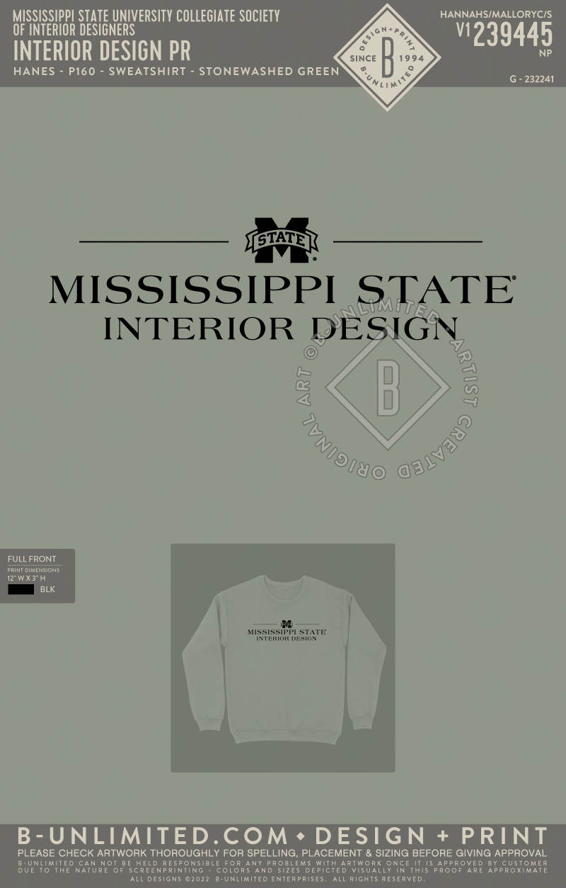 Mississippi State University Collegiate Society of Interior Designers - Interior Design PR - Hanes - P160 - Sweatshirt - Stonewashed Green