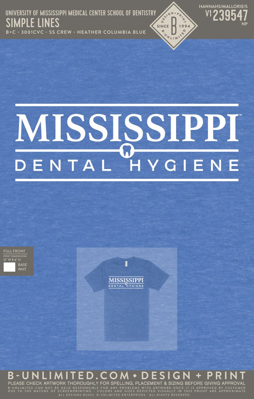 University of Mississippi Medical Center School of Dentistry - Simple Lines - B+C - 3001CVC - SS Crew - Heather Columbia Blue