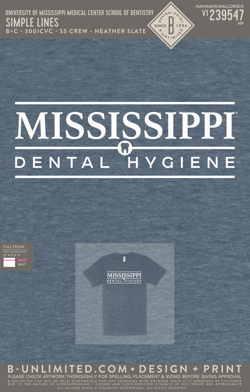 University of Mississippi Medical Center School of Dentistry - Simple Lines - B+C - 3001CVC - SS Crew - Heather Slate