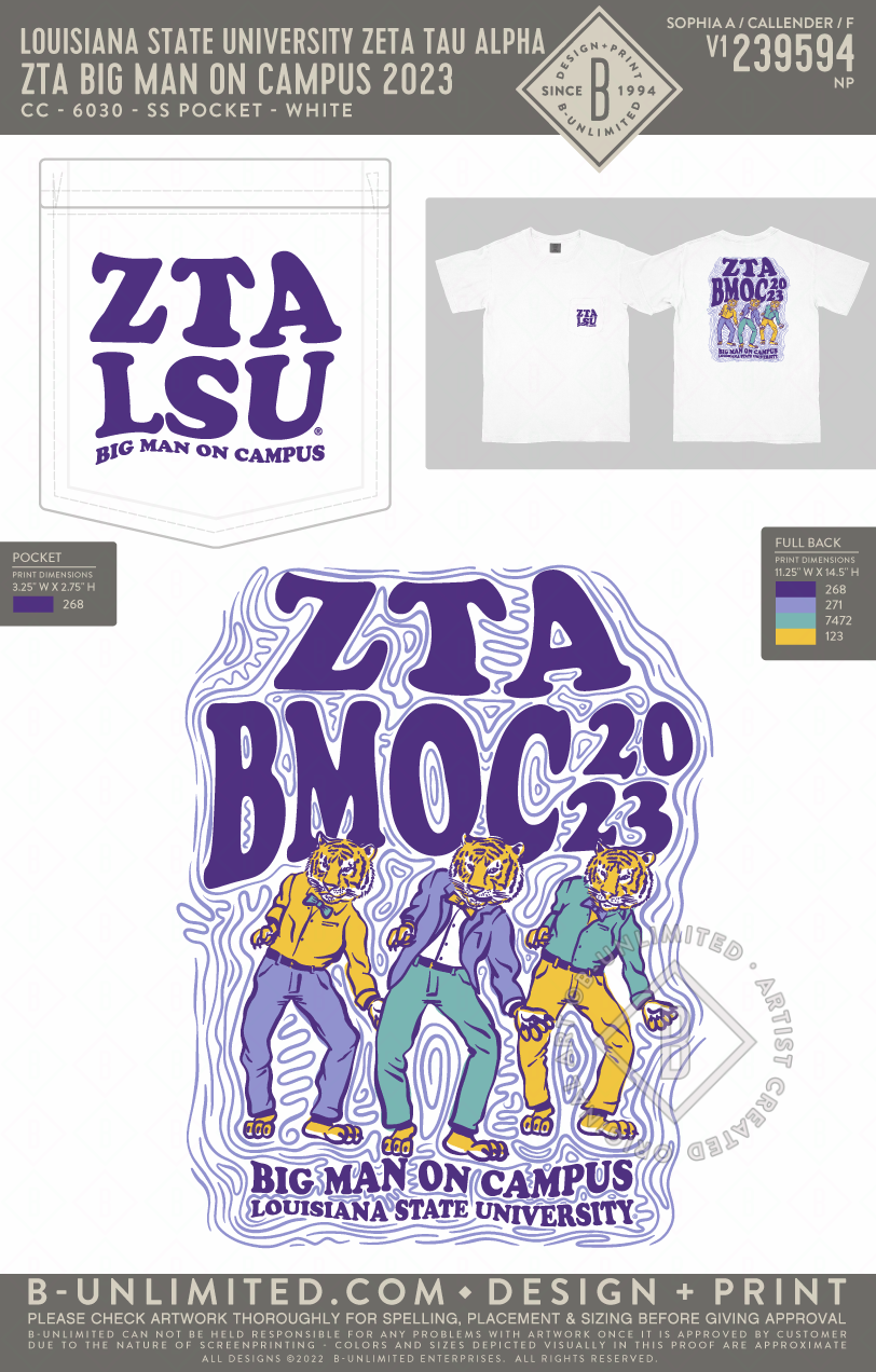 Louisiana State University Zeta Tau Alpha - ZTA Big Man on Campus 2023 - CC - 6030 - SS Pocket - White