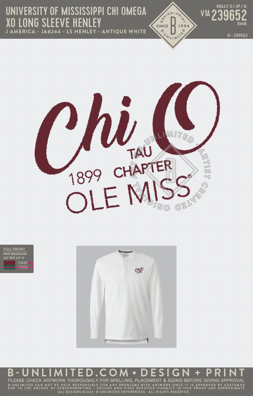 University of Mississippi Chi Omega - XO Long Sleeve Henley - J America - JA8244 - LS Henley - Antique White