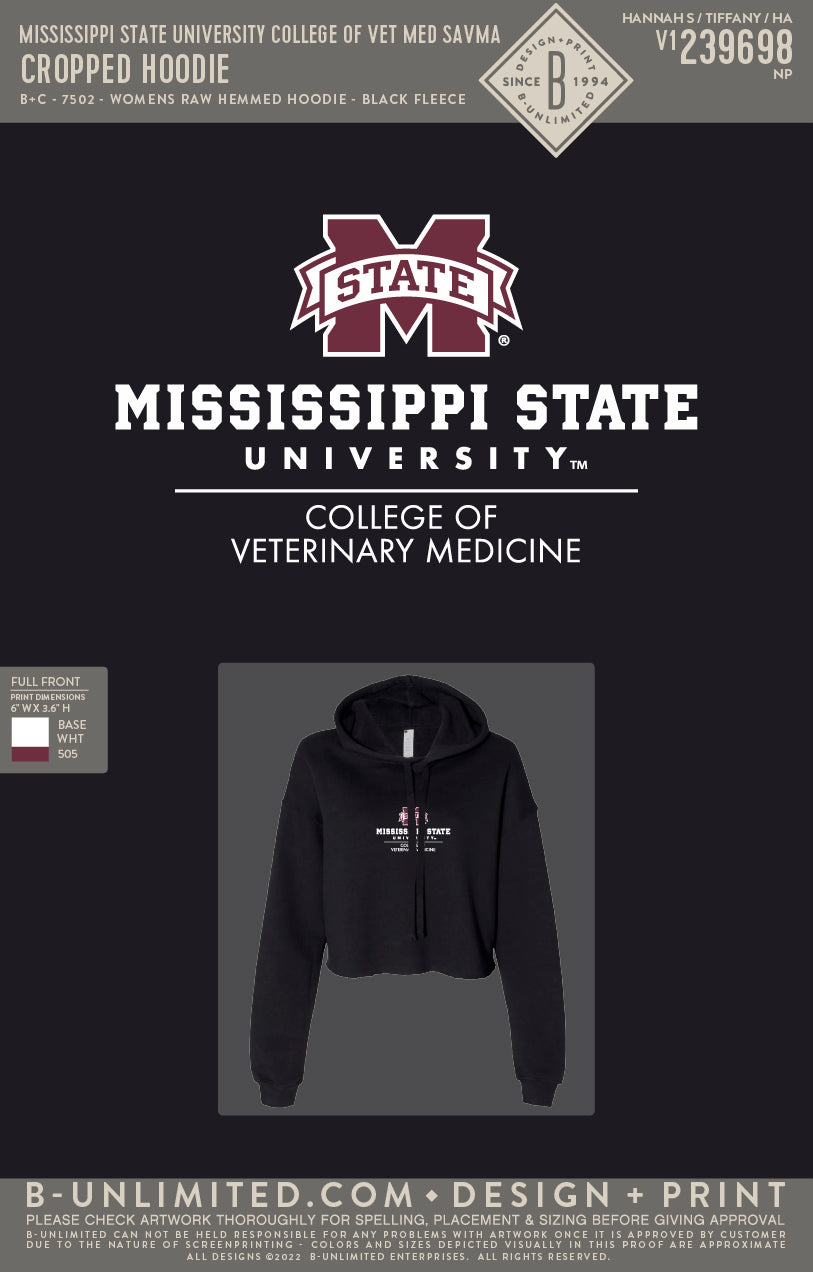 Mississippi State University College of Vet Med SAVMA - Cropped Hoodie - B+C - 7502 - Womens Raw Hemmed Hoodie - Black Fleece
