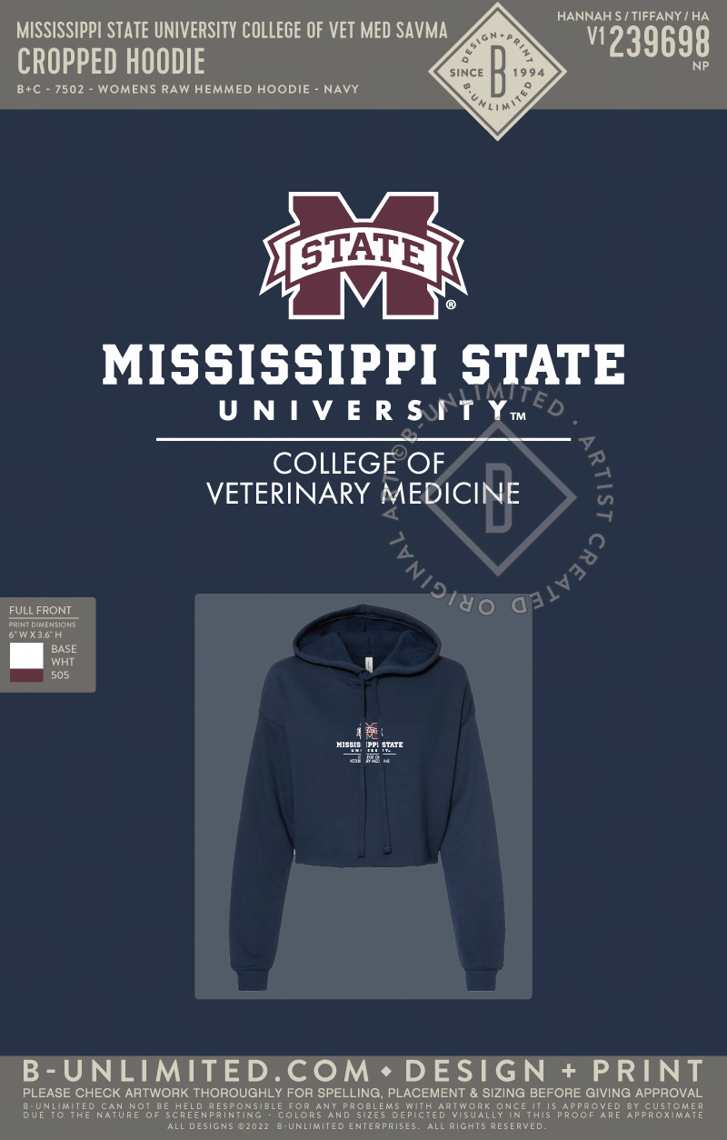 Mississippi State University College of Vet Med SAVMA - Cropped Hoodie - B+C - 7502 - Womens Raw Hemmed Hoodie - Navy Fleece