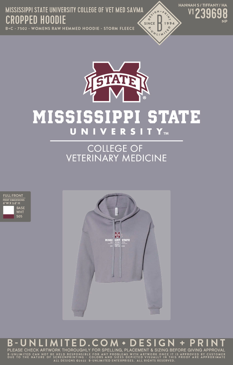 Mississippi State University College of Vet Med SAVMA - Cropped Hoodie - B+C - 7502 - Womens Raw Hemmed Hoodie - Storm Fleece