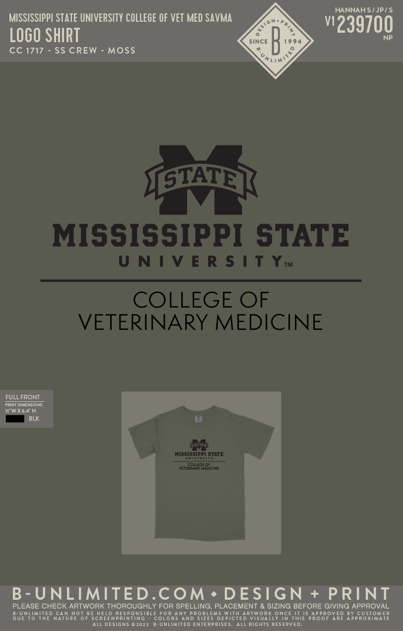 Mississippi State University College of Vet Med SAVMA - Logo Shirt - CC - 1717 - SS Crew - Moss