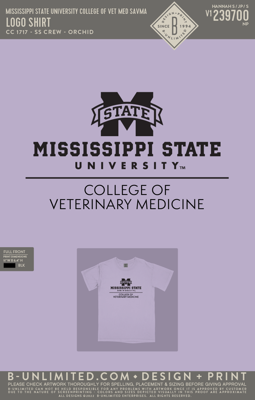 Mississippi State University College of Vet Med SAVMA - Logo Shirt - CC - 1717 - SS Crew - Orchid