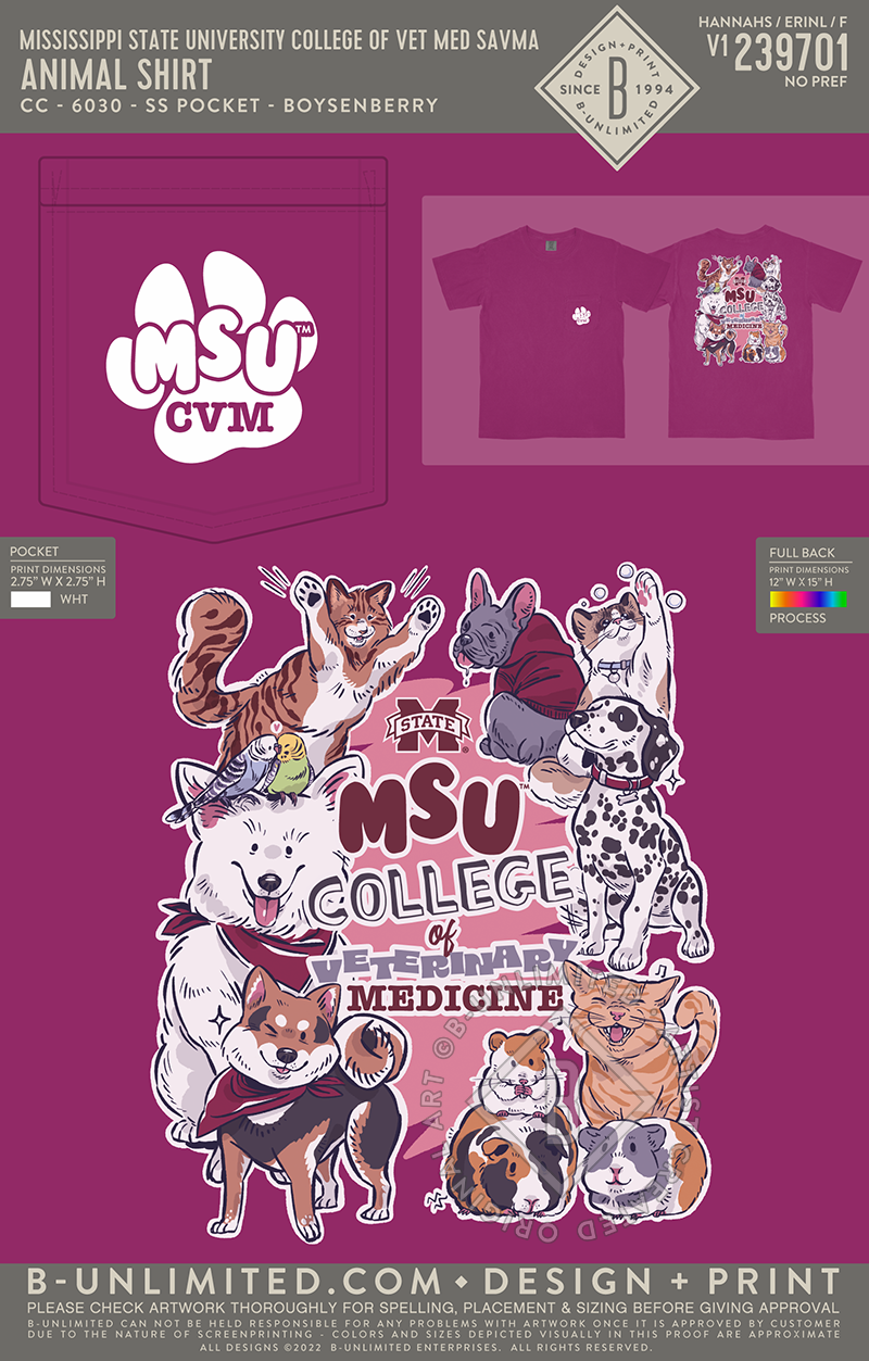 Mississippi State University College of Vet Med SAVMA - Animal Shirt - CC - 6030 - SS Pocket - Boysenberry