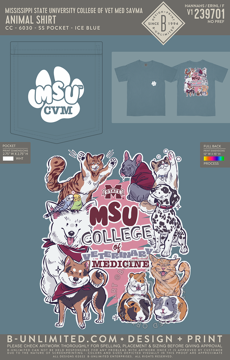Mississippi State University College of Vet Med SAVMA - Animal Shirt - CC - 6030 - SS Pocket - Ice Blue