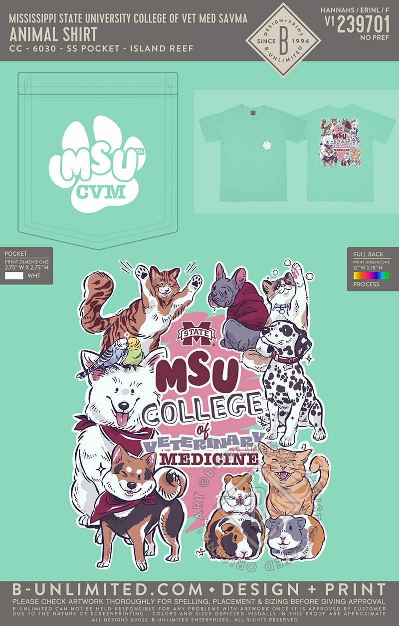 Mississippi State University College of Vet Med SAVMA - Animal Shirt - CC - 6030 - SS Pocket - Island Reef