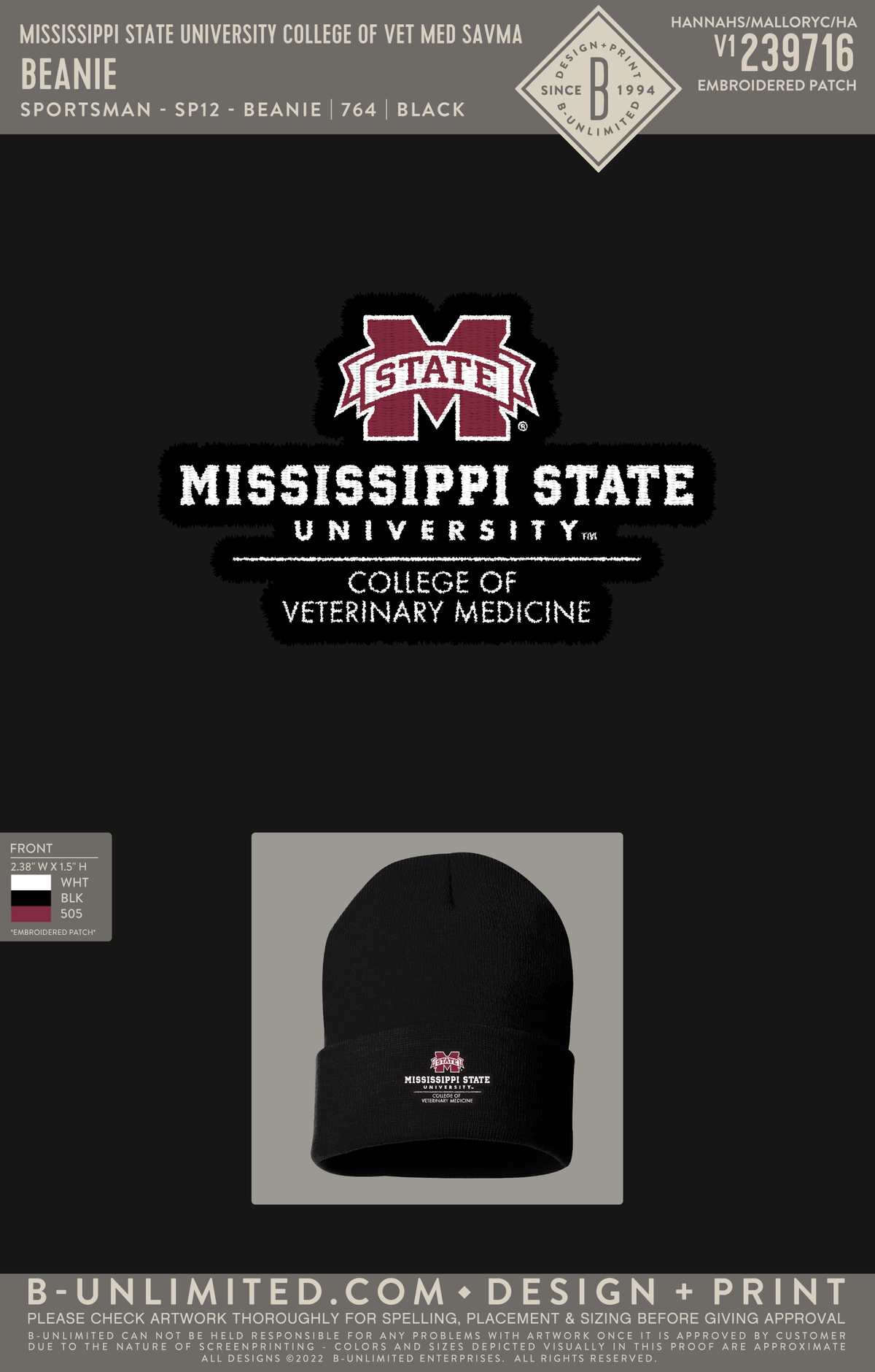 Mississippi State University College of Vet Med SAVMA - Beanie - Sportsman - SP12 - Beanie - Black