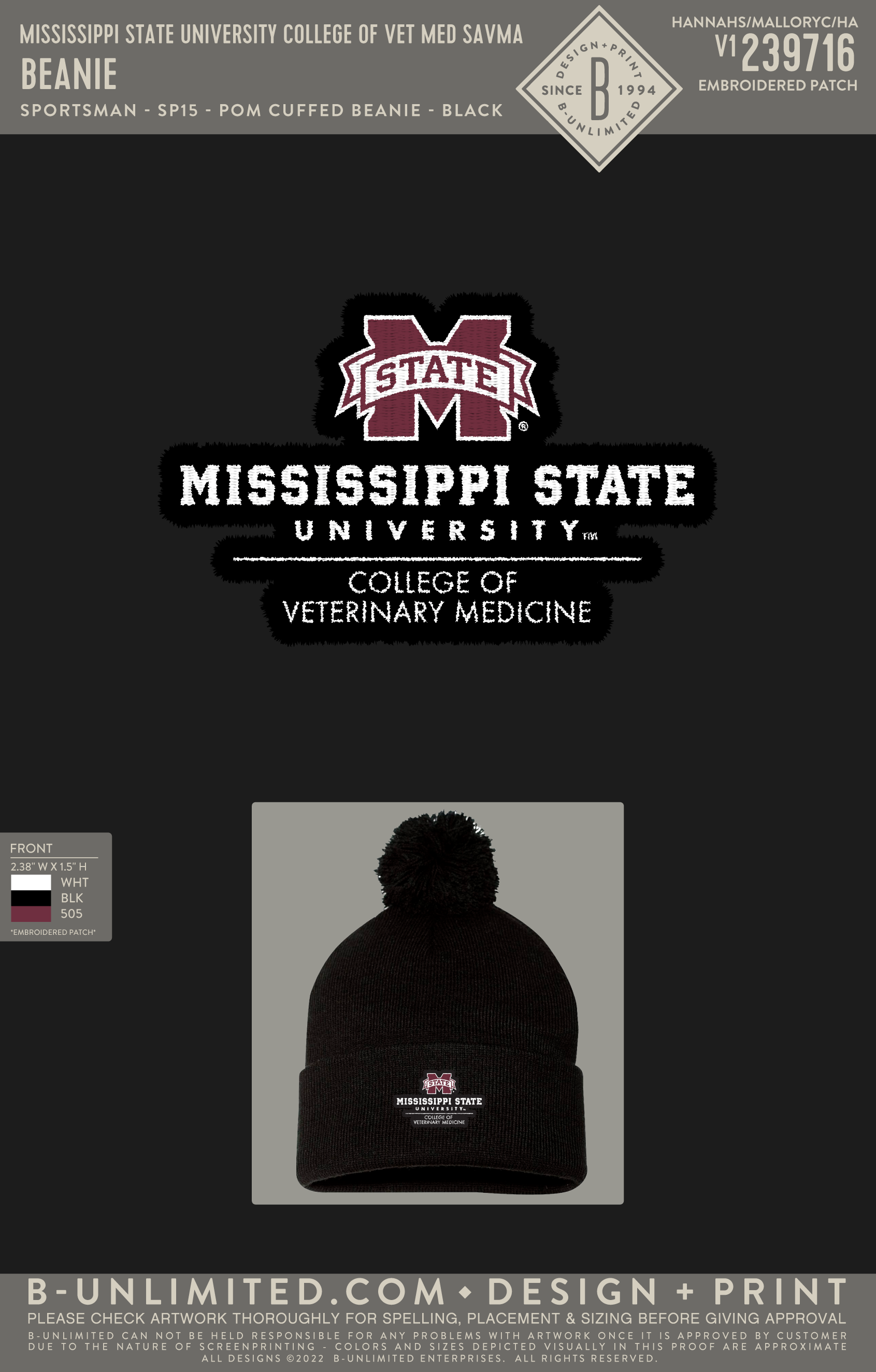 Mississippi State University College of Vet Med SAVMA - Beanie - Sportsman - SP15 - Pom Pom Beanie - Black
