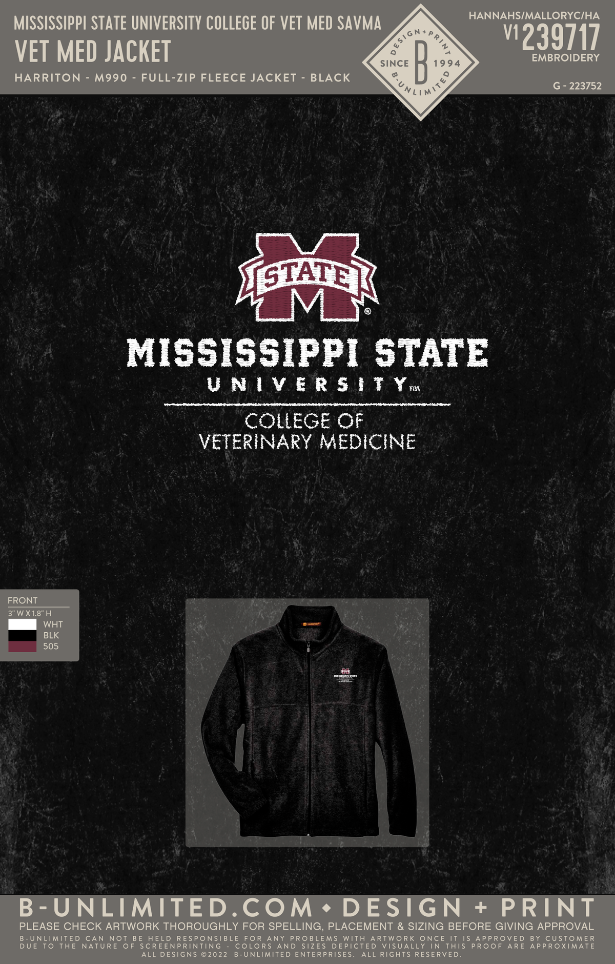 Mississippi State University College of Vet Med SAVMA - Vet Med Jacket - Harriton - M990 - Full-Zip Jacket - Black