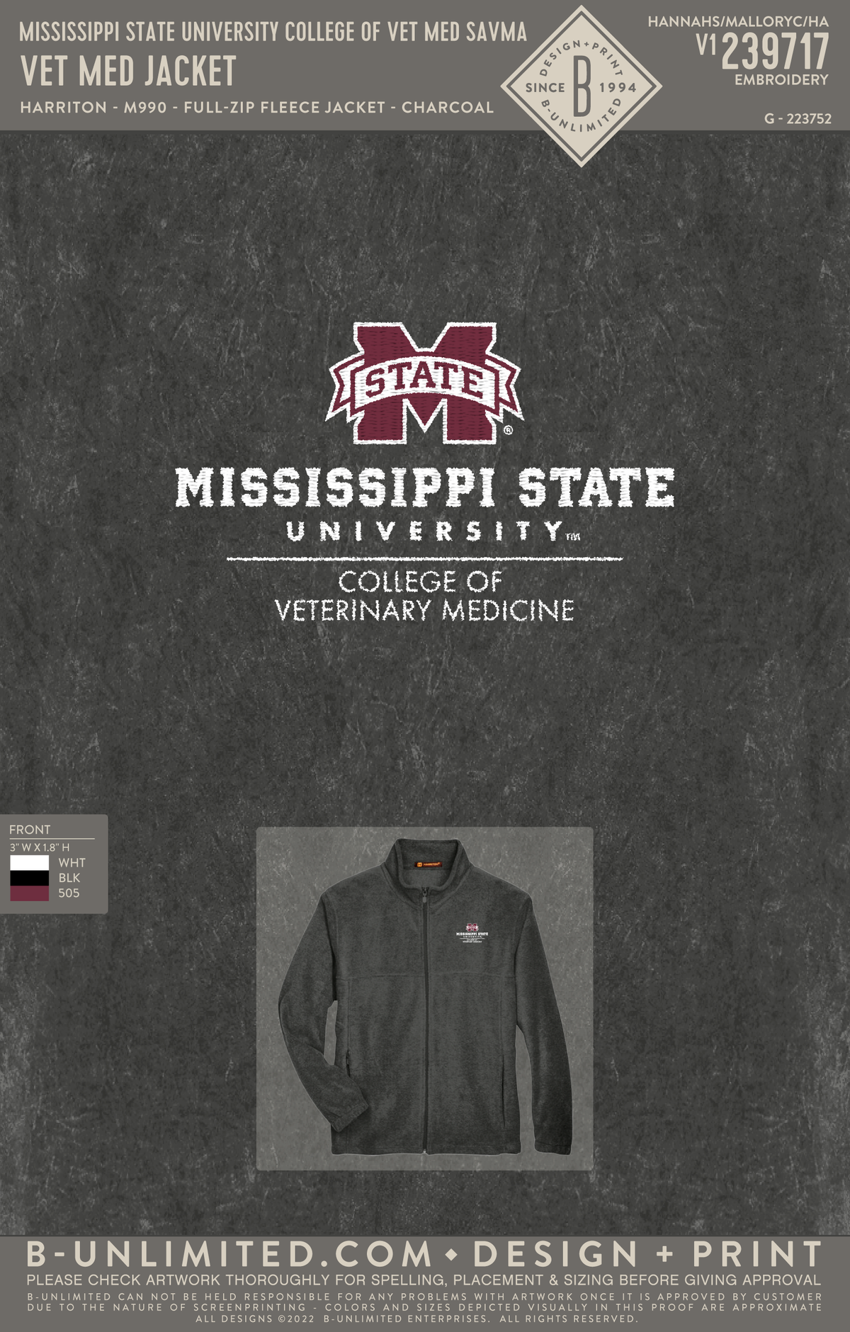 Mississippi State University College of Vet Med SAVMA - Vet Med Jacket - Harriton - M990 - Full-Zip Jacket - Charcoal