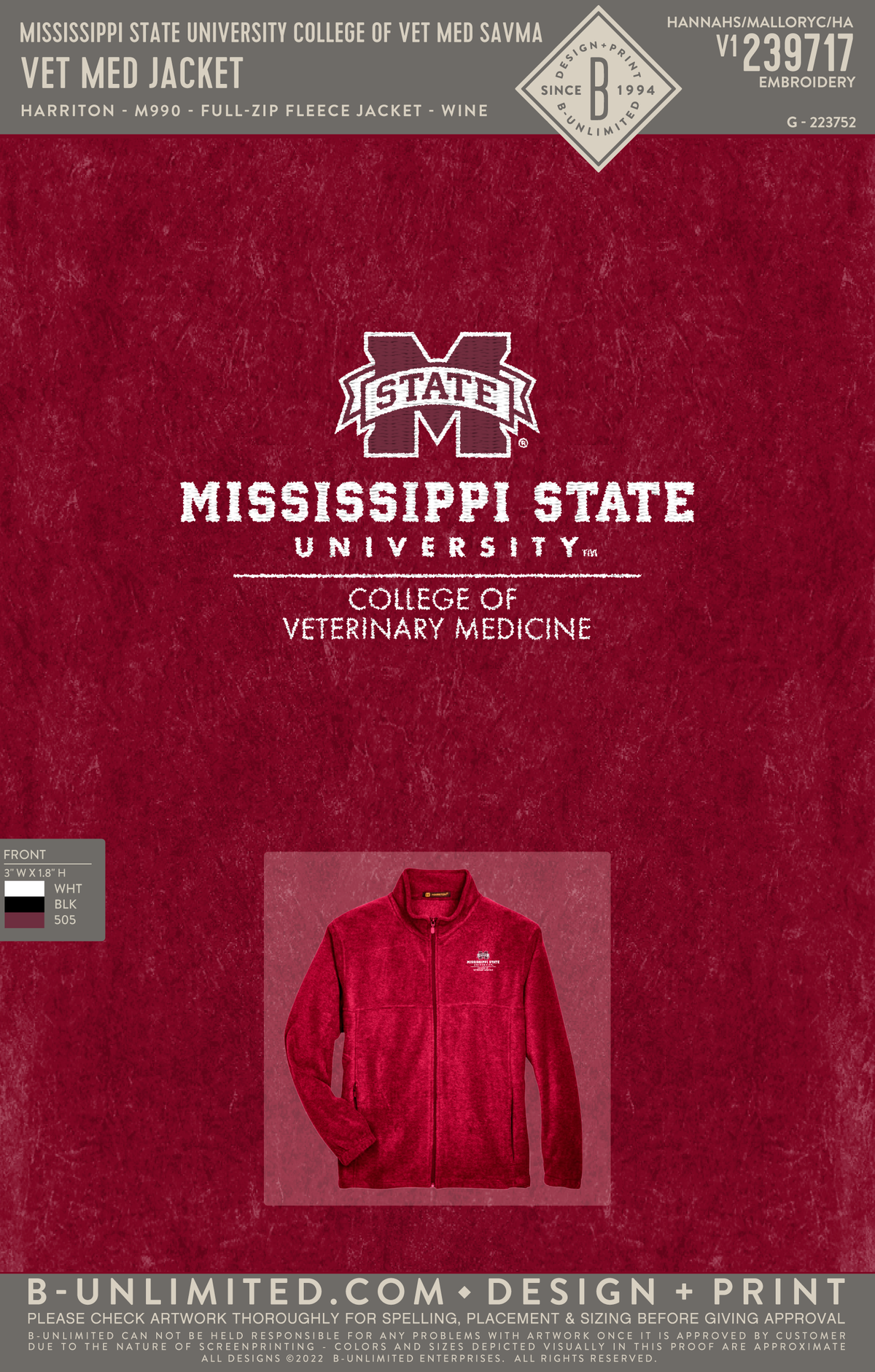 Mississippi State University College of Vet Med SAVMA - Vet Med Jacket - Harriton - M990 - Full-Zip Jacket - Wine